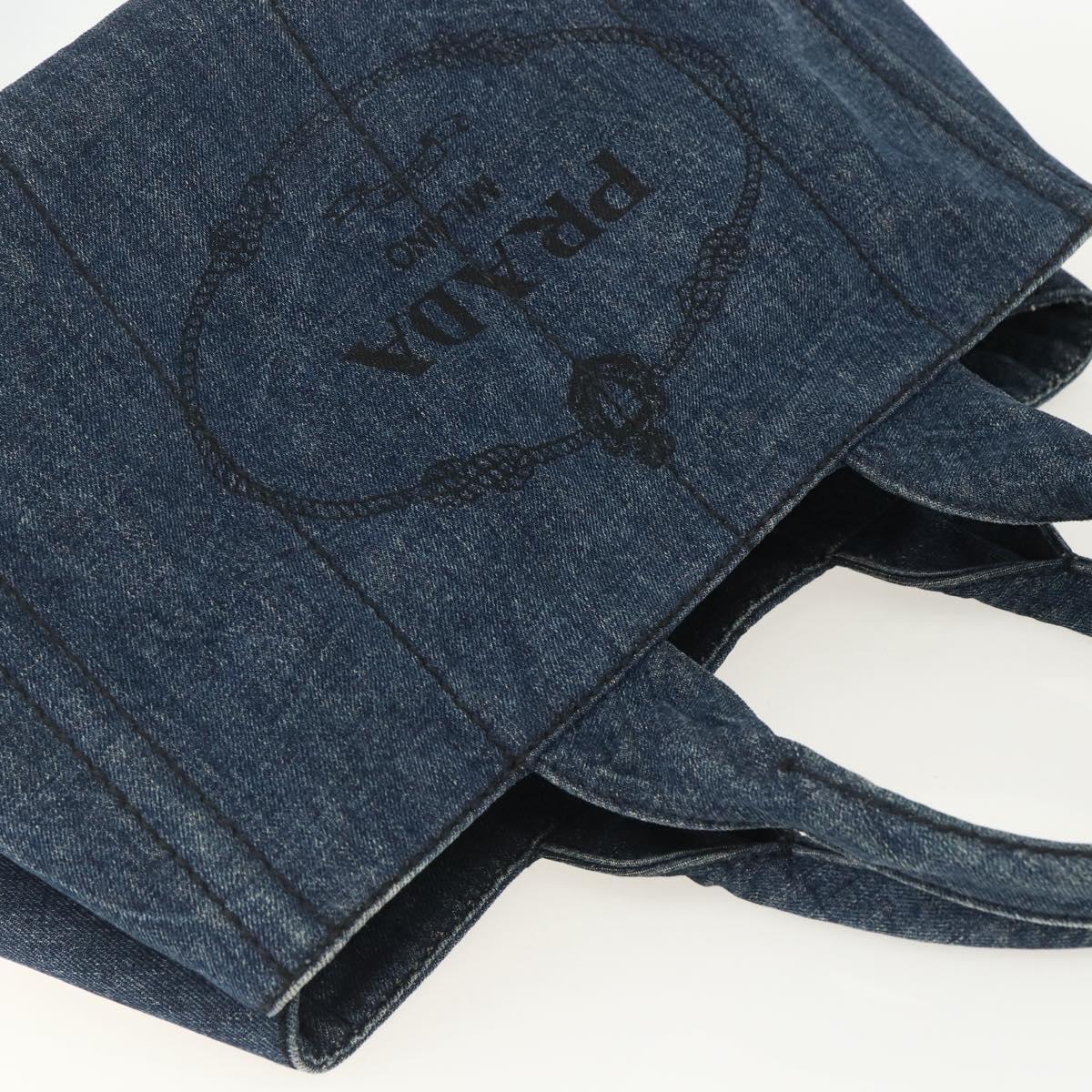 PRADA Canapa MM Hand Bag Denim Blue Gold Auth 155597