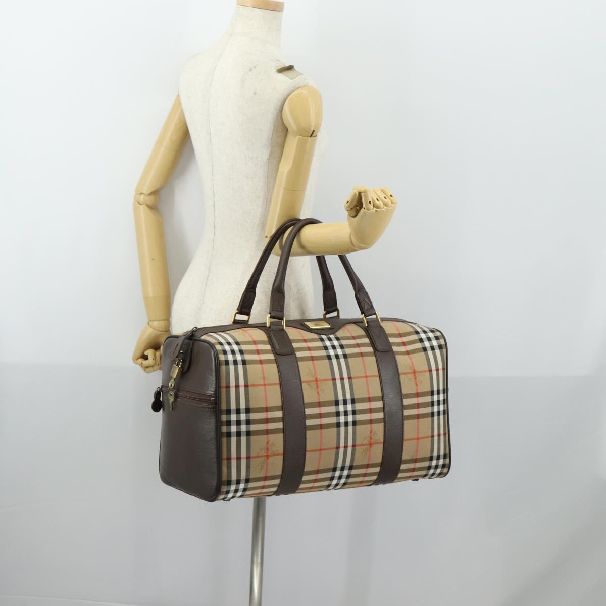 Burberrys Nova Check Boston Bag Canvas Beige Gold Auth 155598