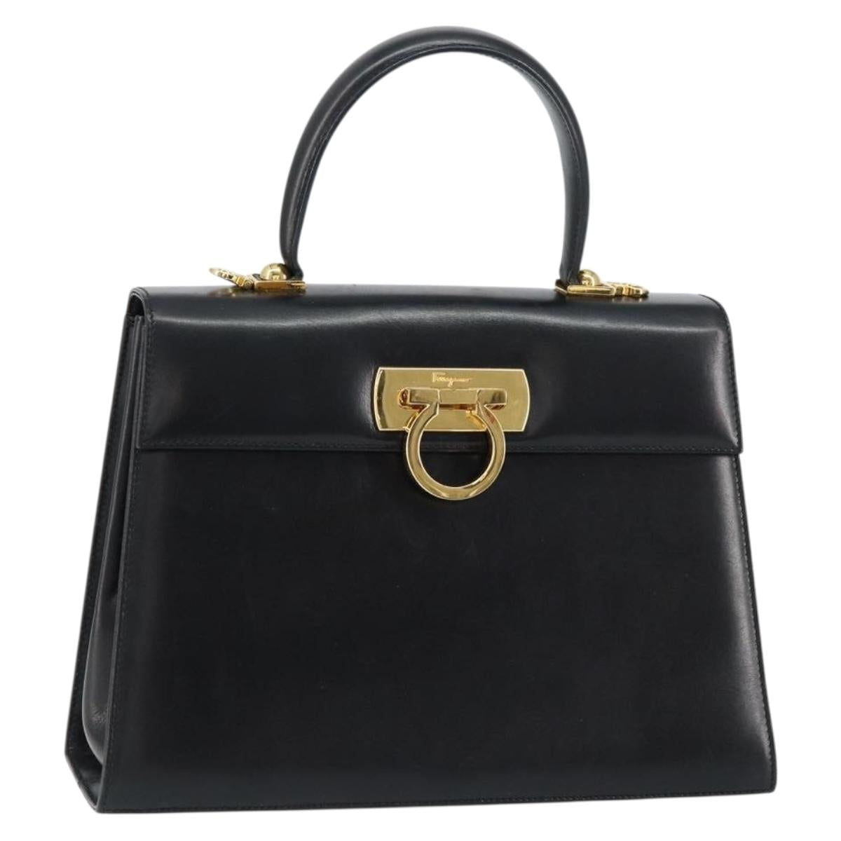 Salvatore Ferragamo Gancini Hand Bag Leather Black Gold Auth 155625