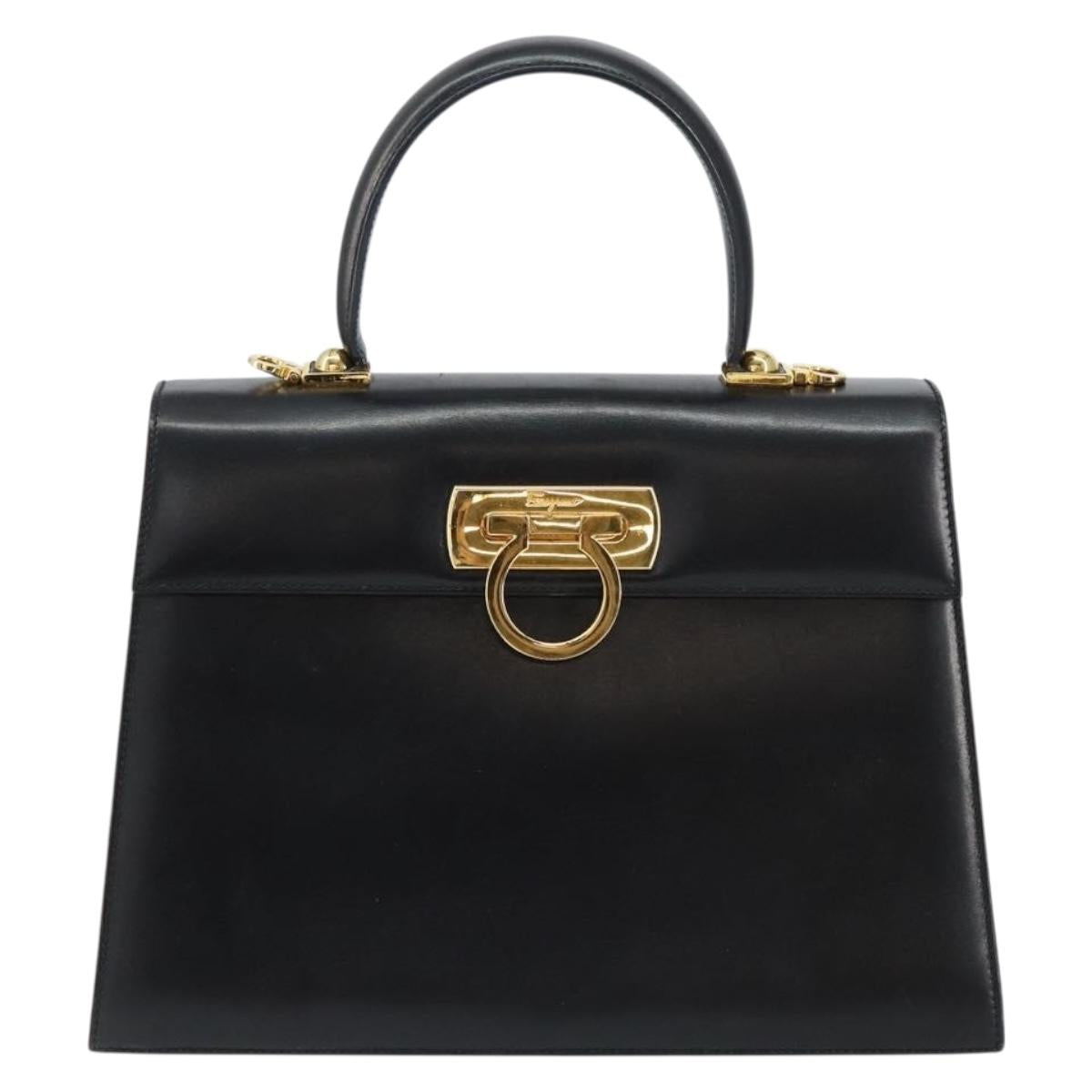 Salvatore Ferragamo Gancini Hand Bag Leather Black Gold Auth 155625