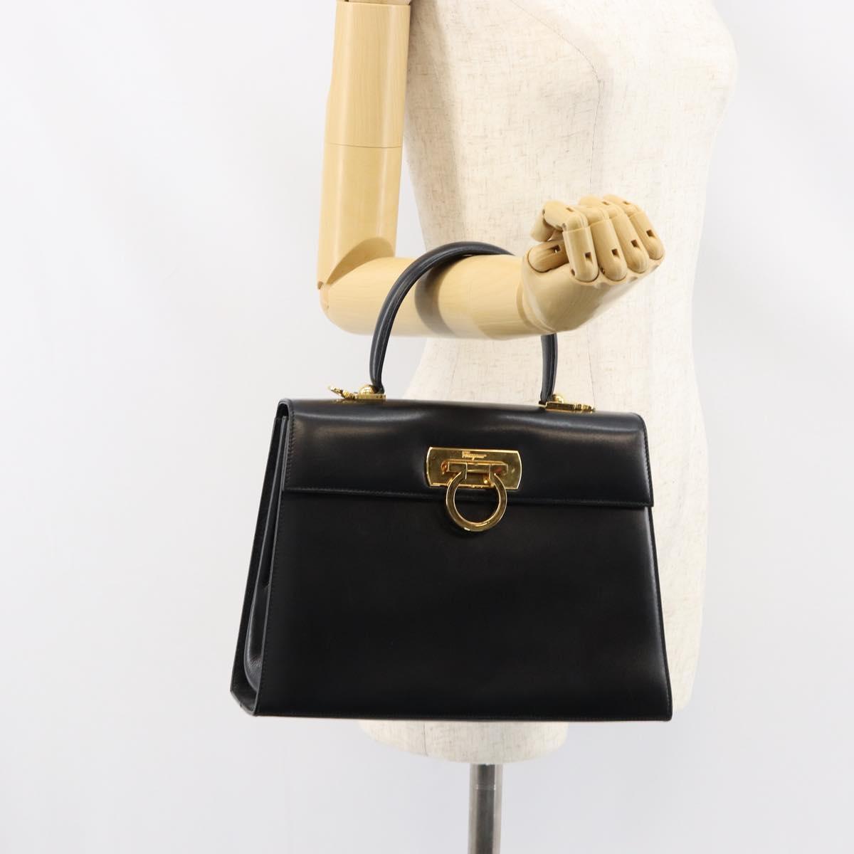 Salvatore Ferragamo Gancini Hand Bag Leather Black Gold Auth 155625