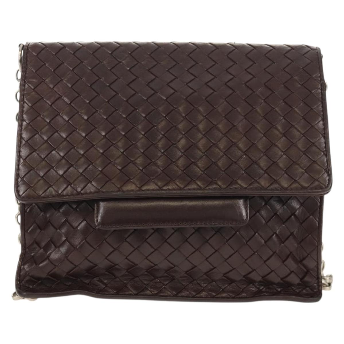 BOTTEGA VENETA INTRECCIATO Chain Shoulder Bag Leather Brown Auth 155628V