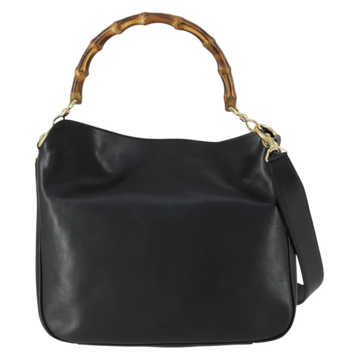 GUCCI Bamboo Shoulder Bag Leather 2way Black Gold 001 1638 2123 Auth 155635