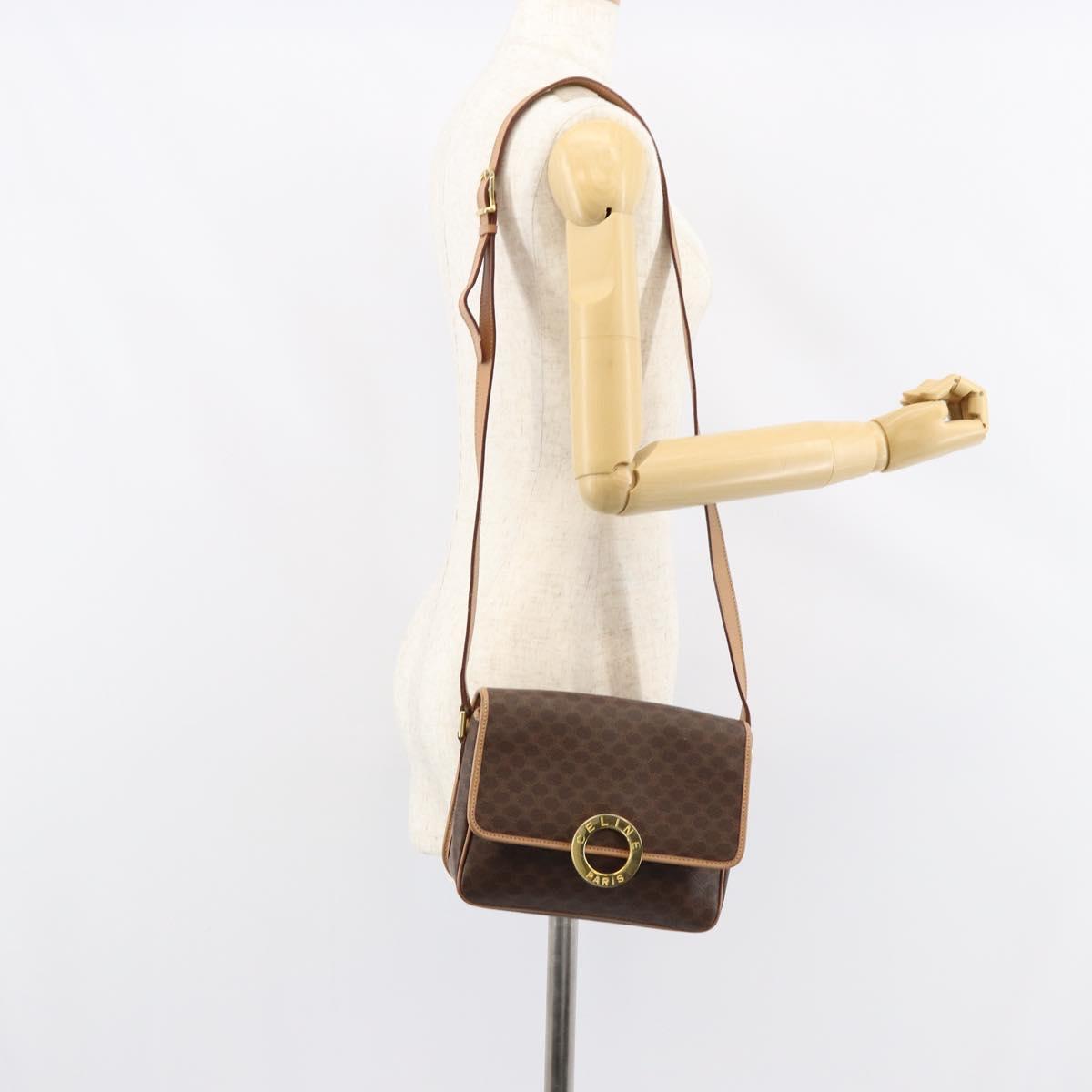 CELINE Macadam Canvas Shoulder Bag PVC Leather Brown Gold Auth 155643