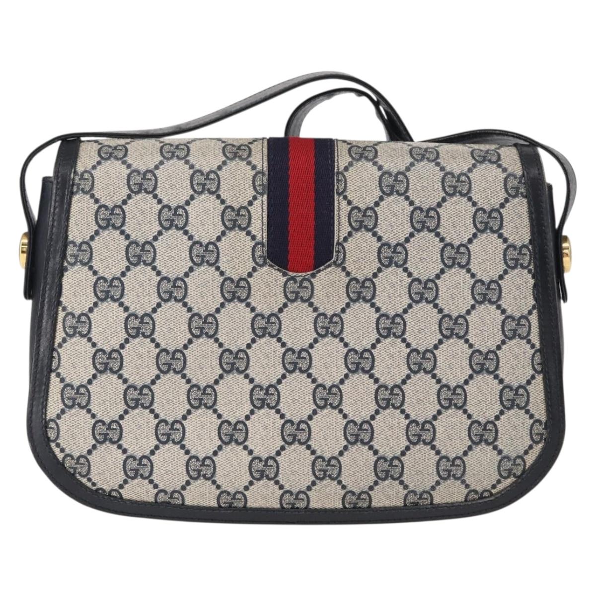 GUCCI GG Supreme Sherry Line Shoulder Bag PVC Navy Gold Red Auth 155655