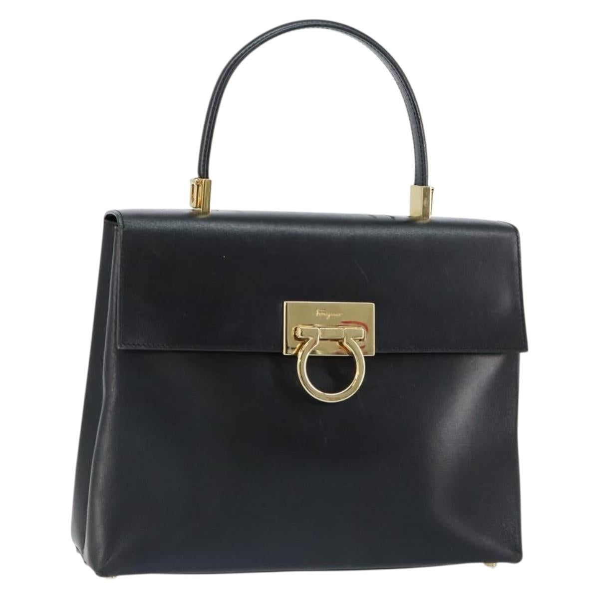 Salvatore Ferragamo Gancini Hand Bag Leather Black Gold Auth 155657