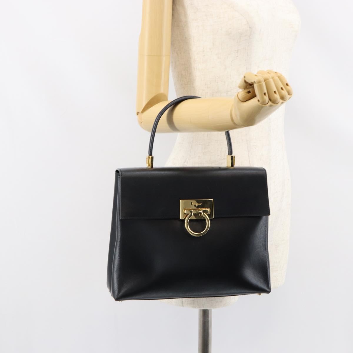 Salvatore Ferragamo Gancini Hand Bag Leather Black Gold Auth 155657