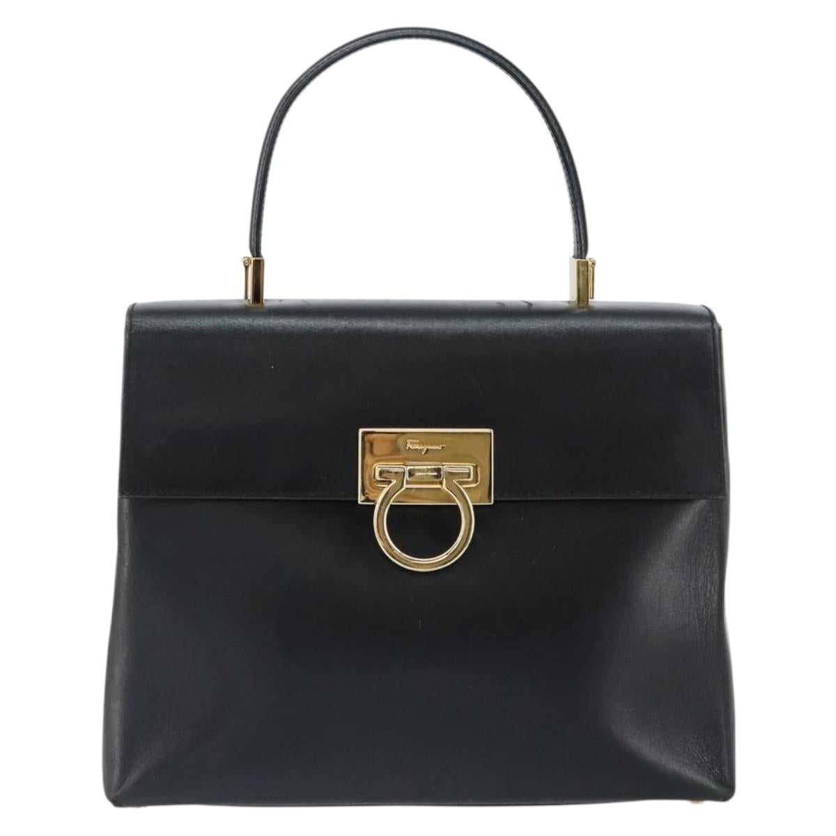Salvatore Ferragamo Gancini Hand Bag Leather Black Gold Auth 155657