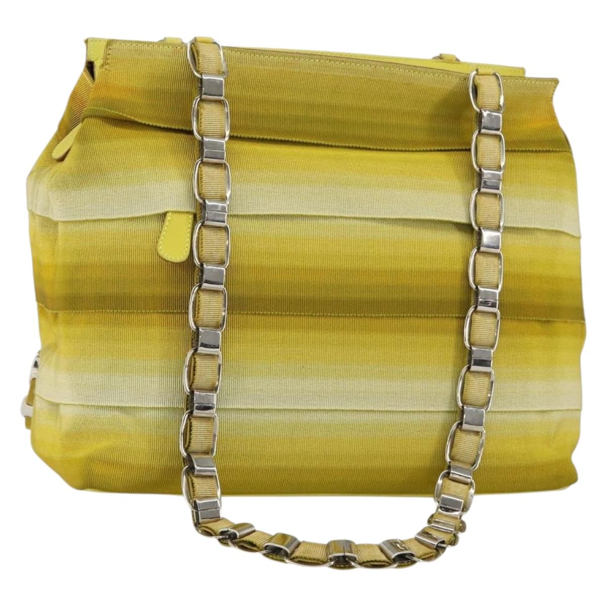 Salvatore Ferragamo Vala Chain Tote Bag Canvas Yellow Silver Auth 155658