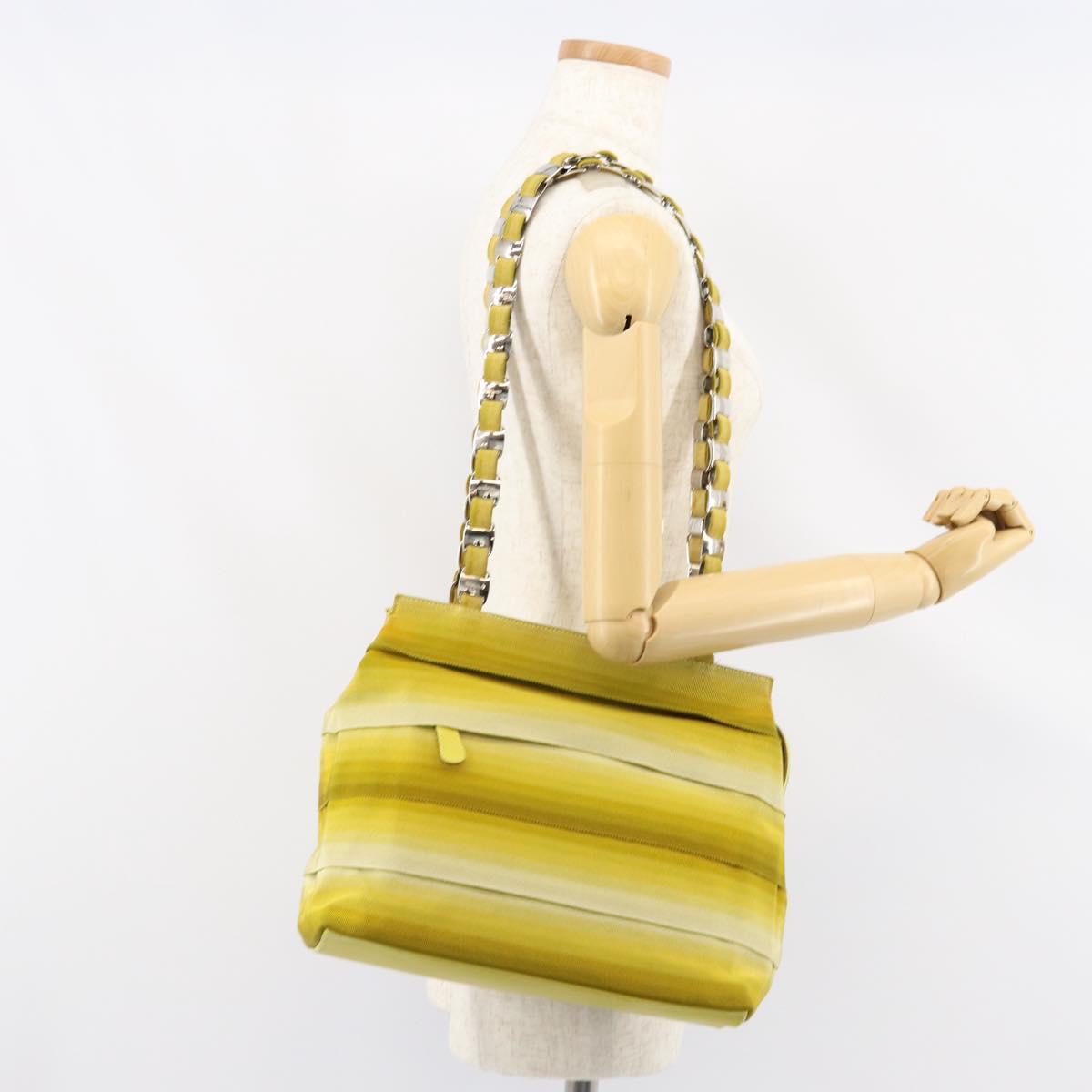 Salvatore Ferragamo Vala Chain Tote Bag Canvas Yellow Silver Auth 155658