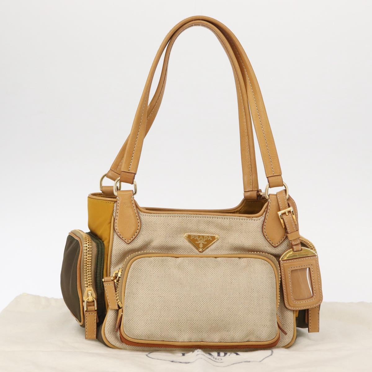 PRADA Hand Bag Canvas Beige Gold Auth 155660
