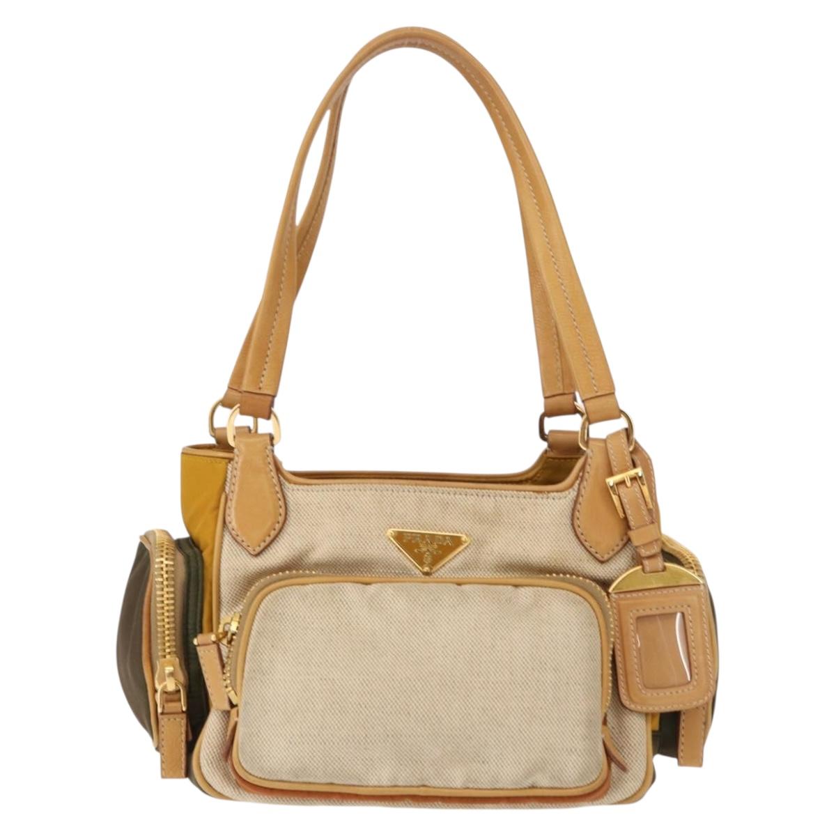 PRADA Hand Bag Canvas Beige Gold Auth 155660