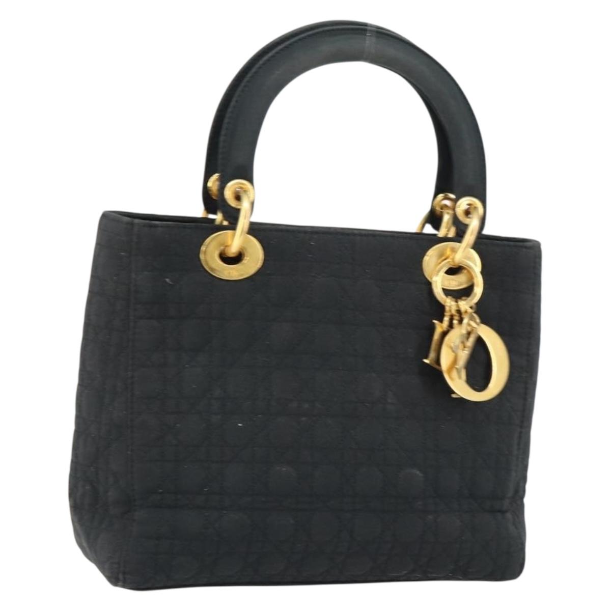 Christian Dior Lady Dior Canage Hand Bag Nylon Black Gold Auth 155703