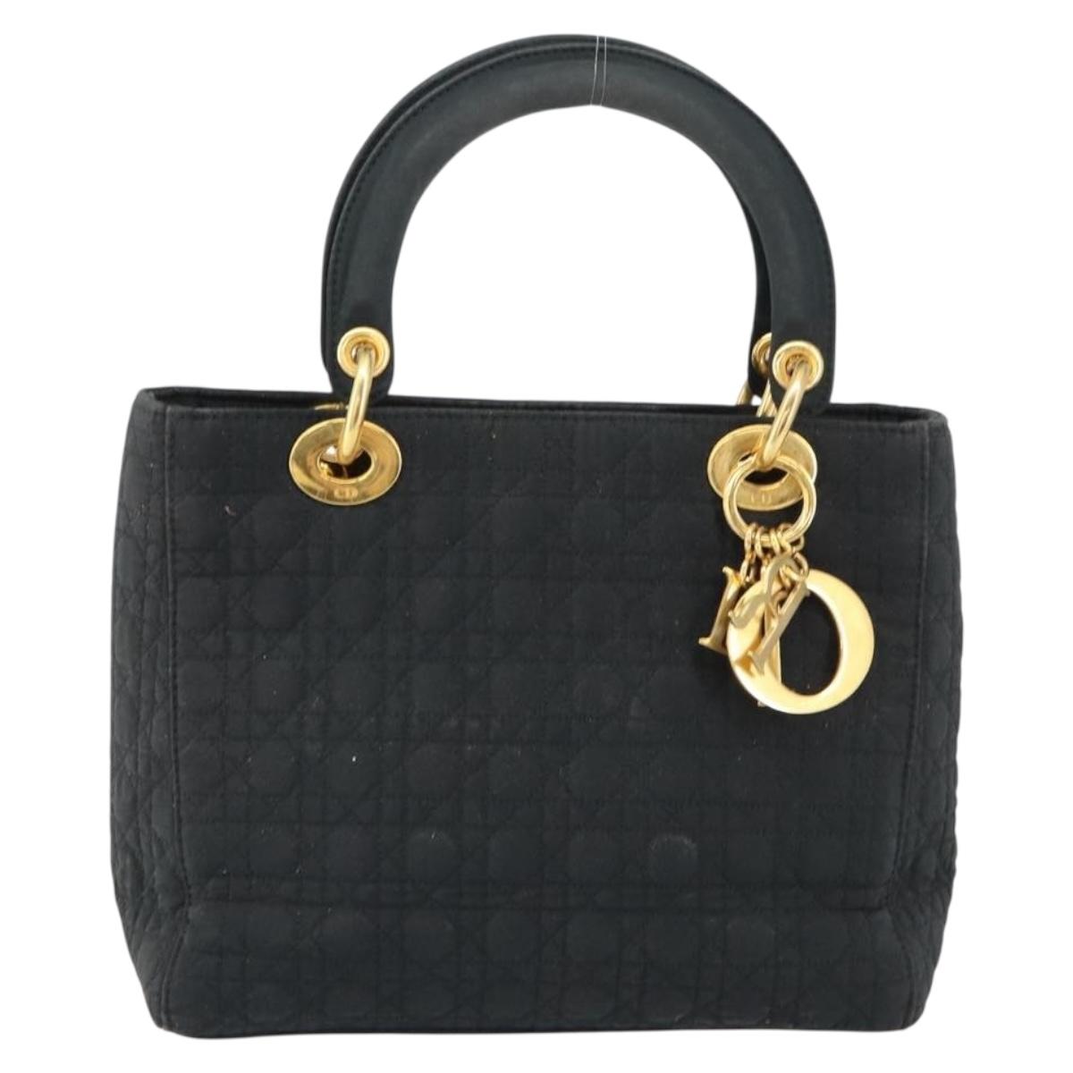 Christian Dior Lady Dior Canage Hand Bag Nylon Black Gold Auth 155703