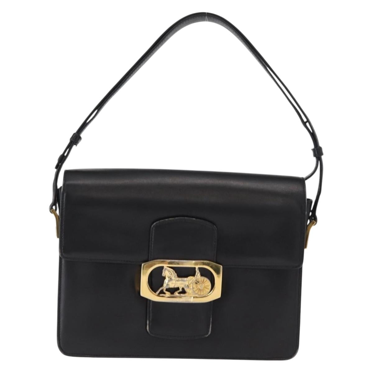 CELINE Horse Carriage Shoulder Bag Leather Black Gold Auth 155706