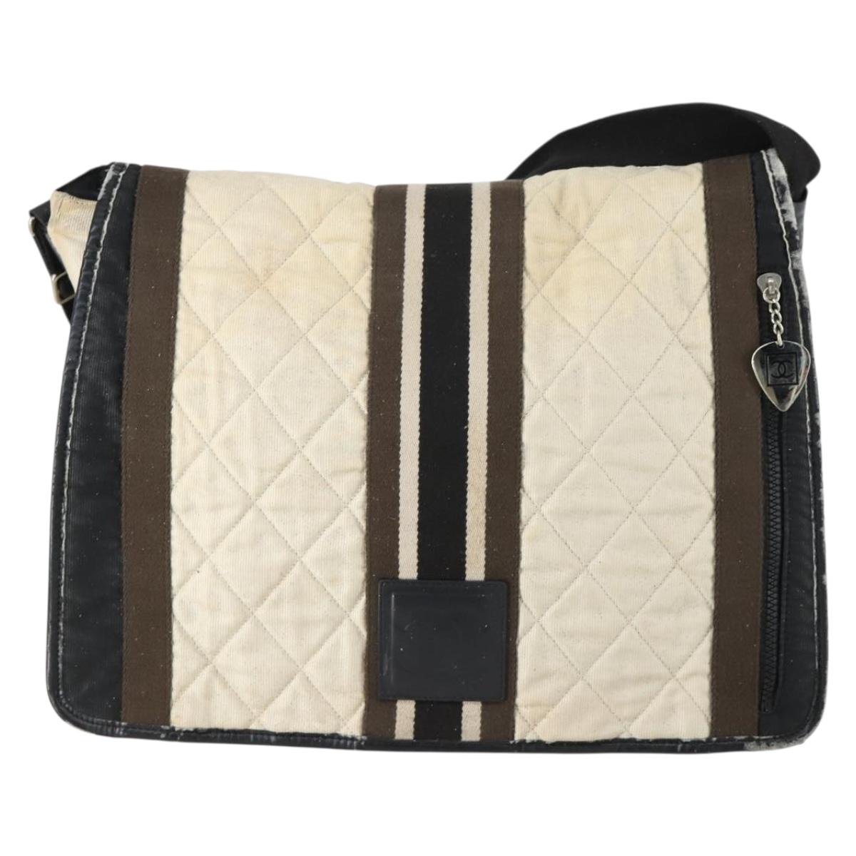 CHANEL Sports Line Shoulder Bag Canvas Beige Silver CC Auth 155748