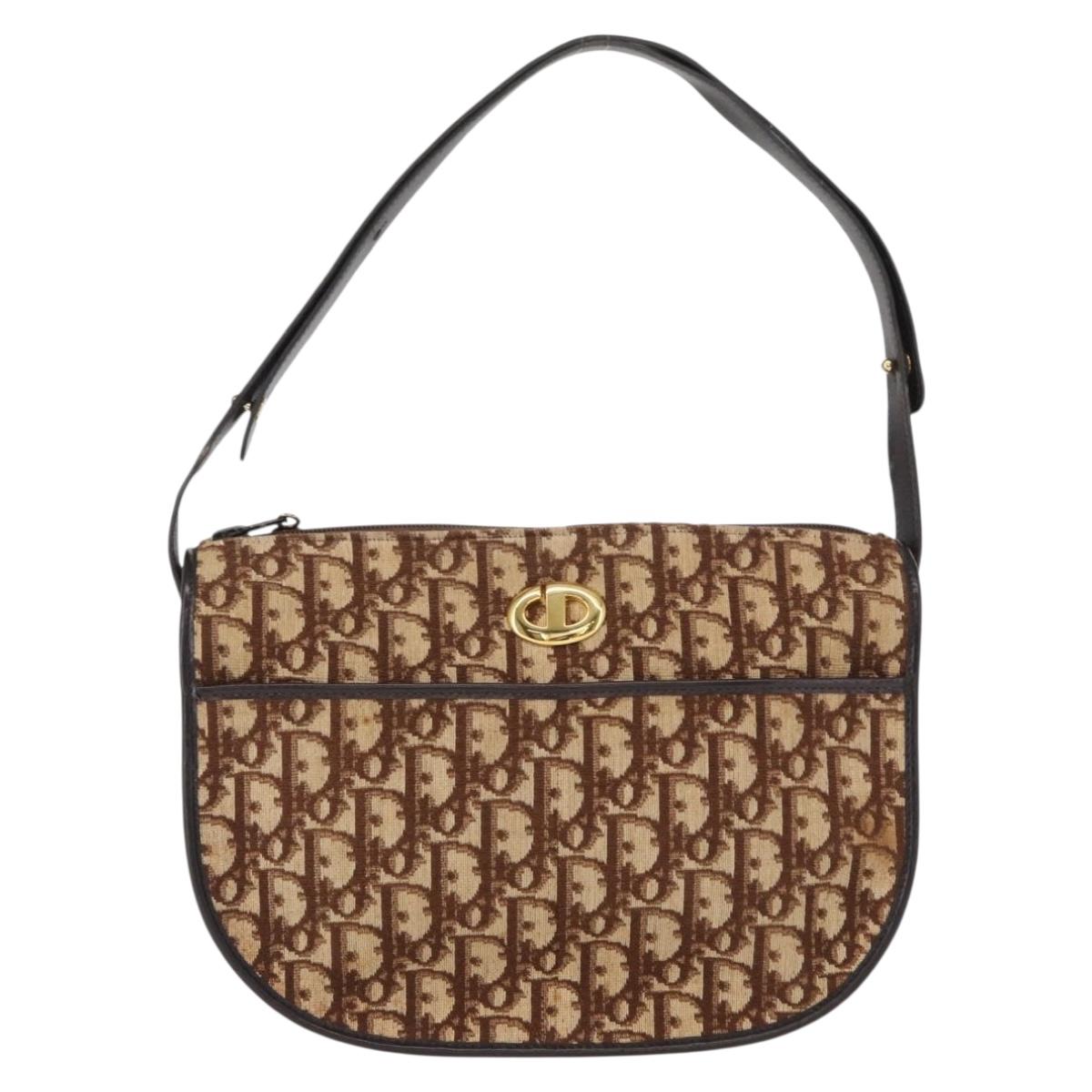 Christian Dior Trotter Canvas Shoulder Bag Brown Gold Auth 155929