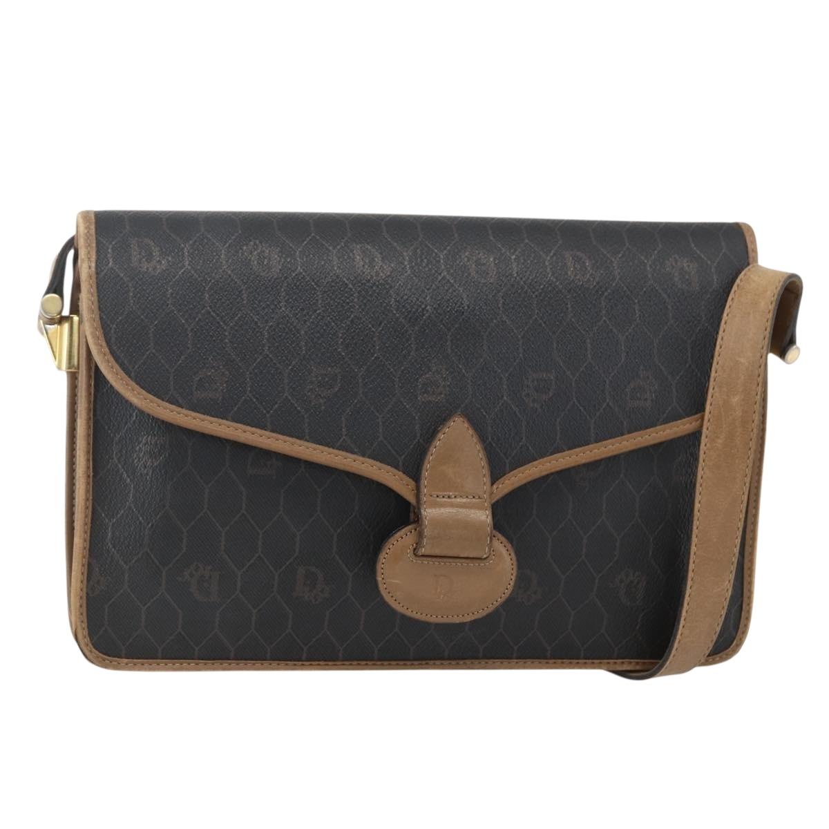 Christian Dior Honeycomb Canvas Shoulder Bag PVC Black Gold Auth 155933