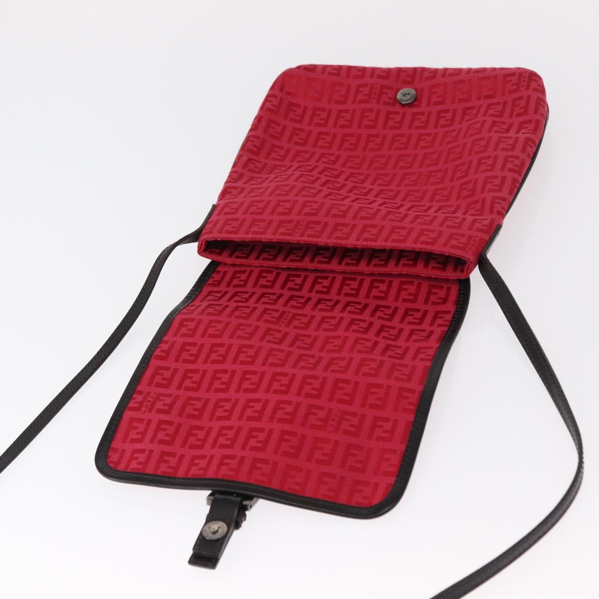 FENDI Zucchino Canvas Shoulder Bag Red Silver Auth 155957V