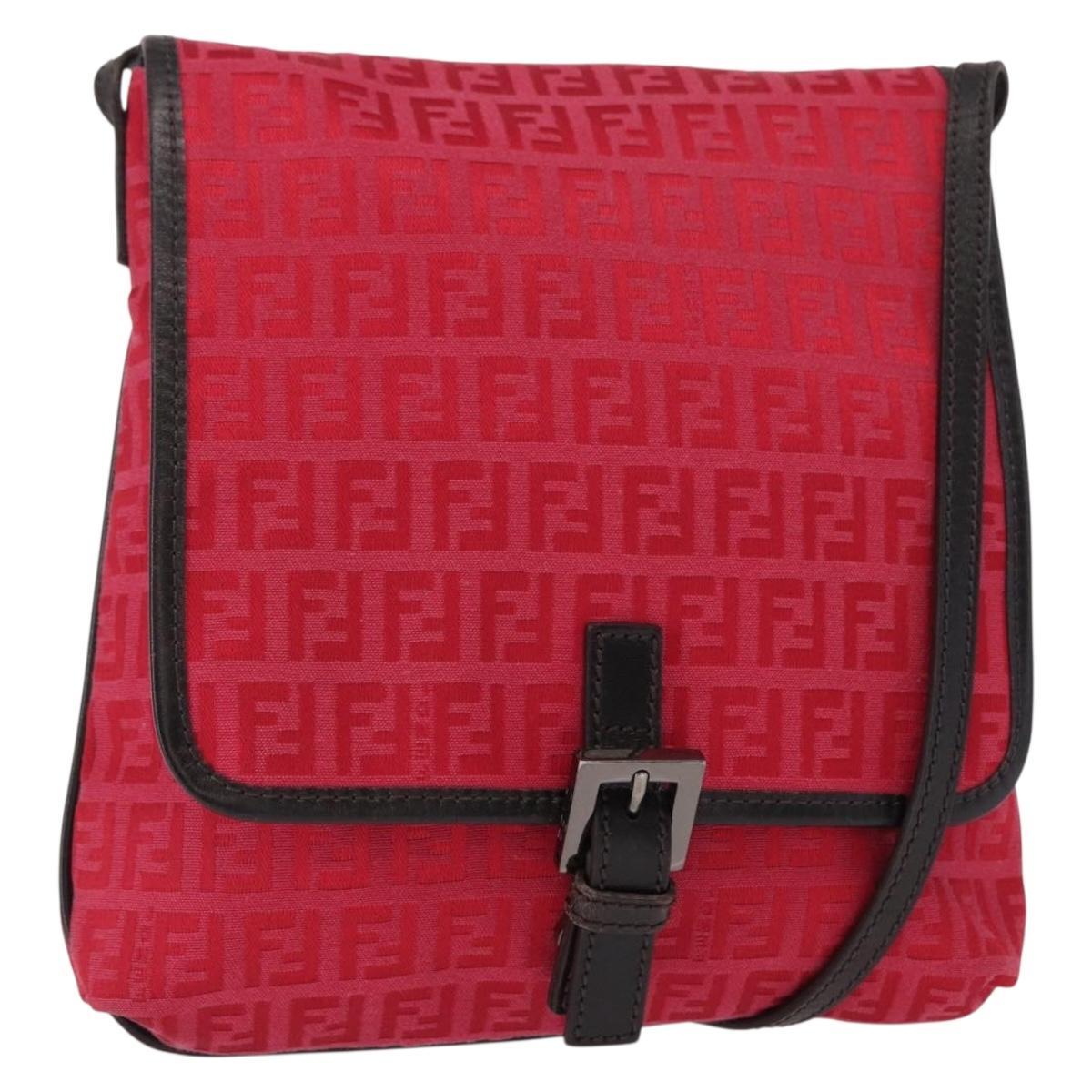 FENDI Zucchino Canvas Shoulder Bag Red Silver Auth 155957V