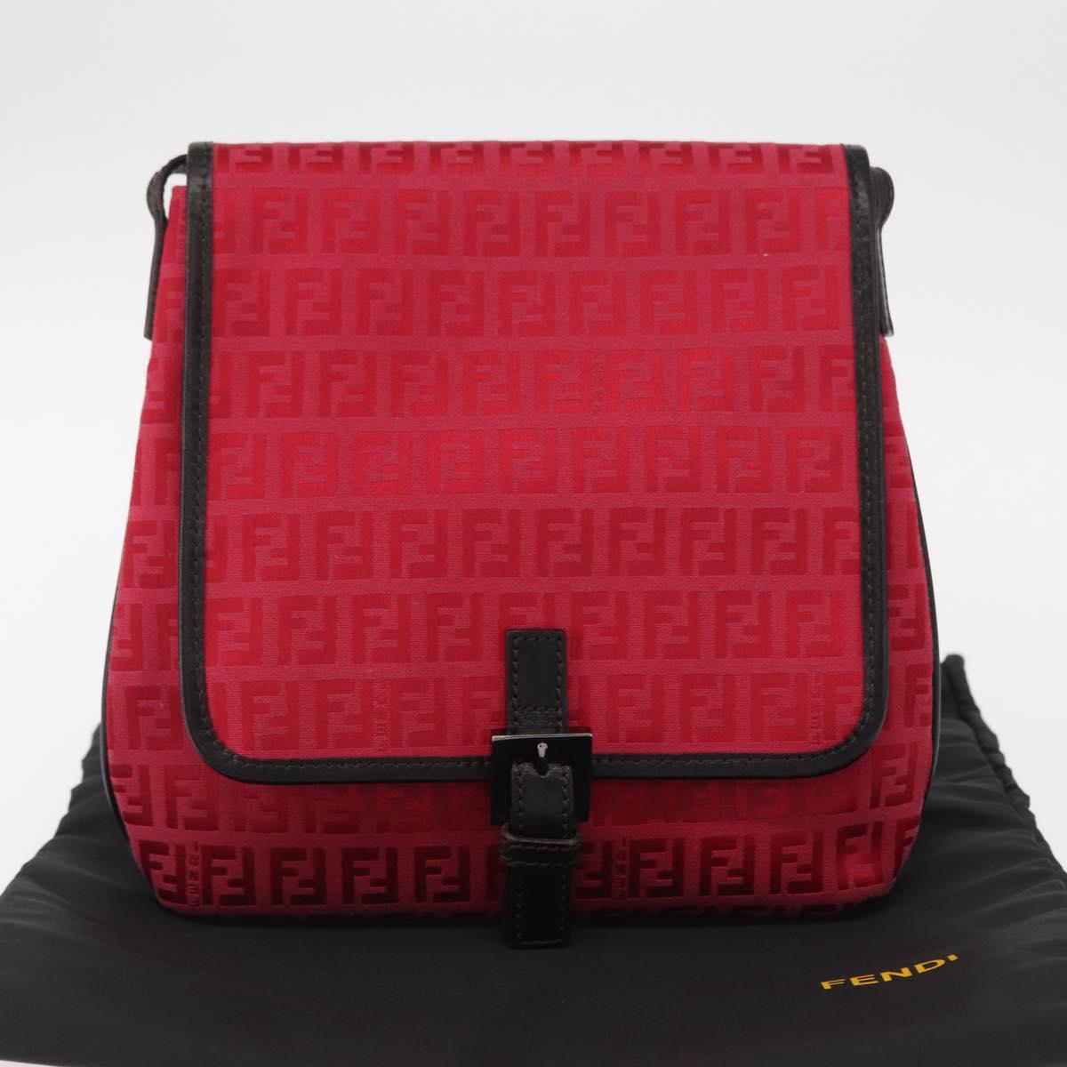 FENDI Zucchino Canvas Shoulder Bag Red Silver Auth 155957V