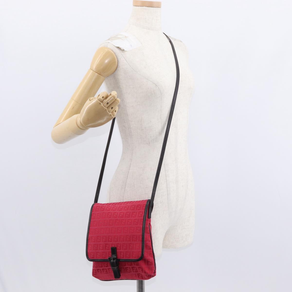 FENDI Zucchino Canvas Shoulder Bag Red Silver Auth 155957V