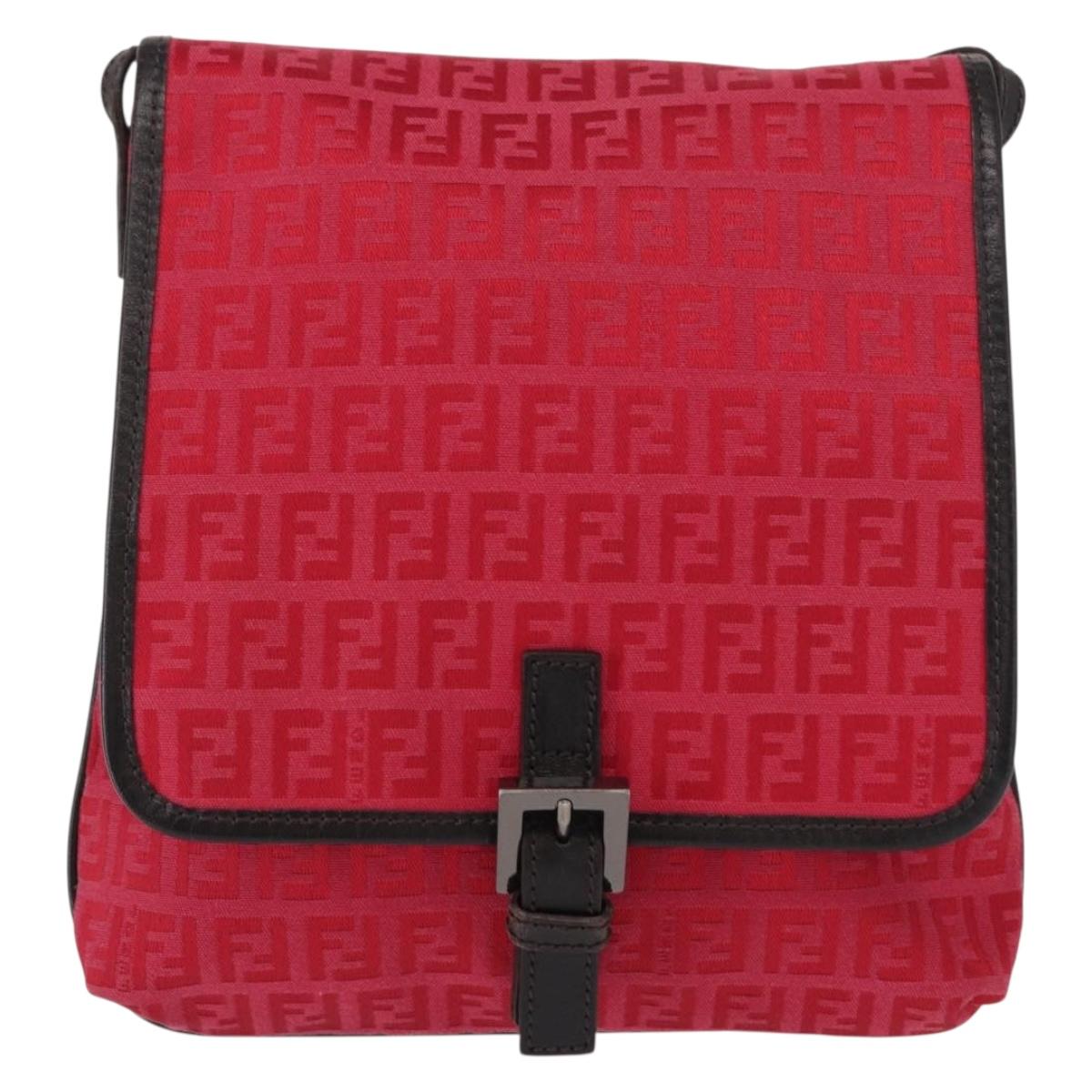 FENDI Zucchino Canvas Shoulder Bag Red Silver Auth 155957V