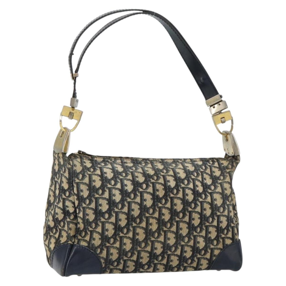 Christian Dior Trotter Canvas Shoulder Bag Navy Gold Auth 156001