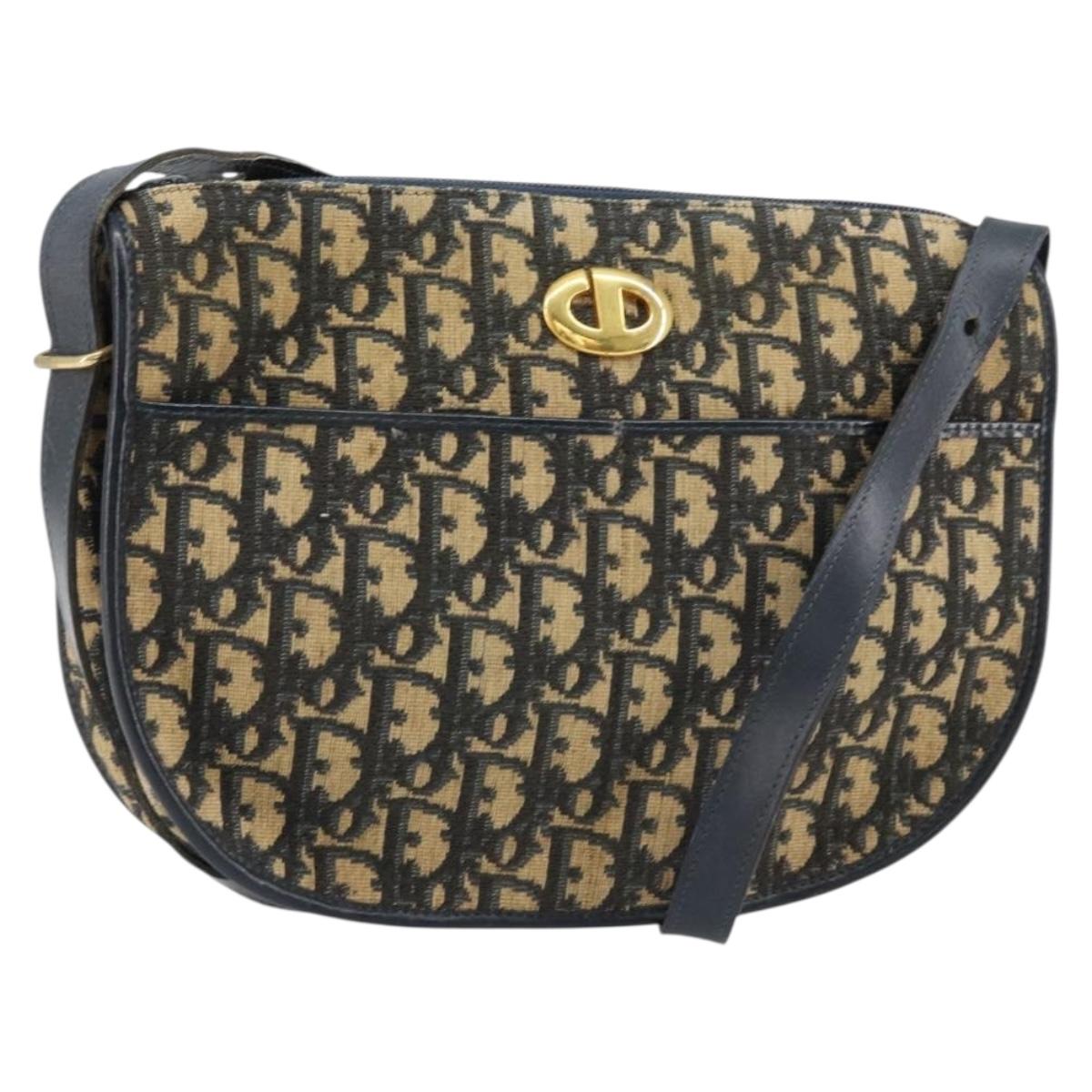 Christian Dior Trotter Canvas Shoulder Bag Navy Gold Auth 156002