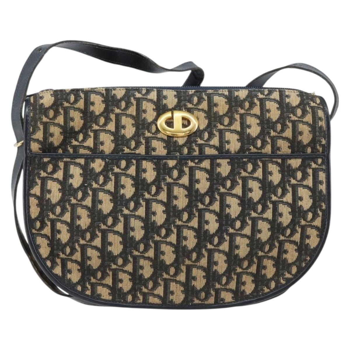 Christian Dior Trotter Canvas Shoulder Bag Navy Gold Auth 156002