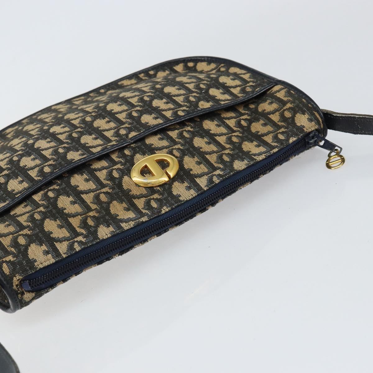 Christian Dior Trotter Canvas Shoulder Bag Navy Gold Auth 156002