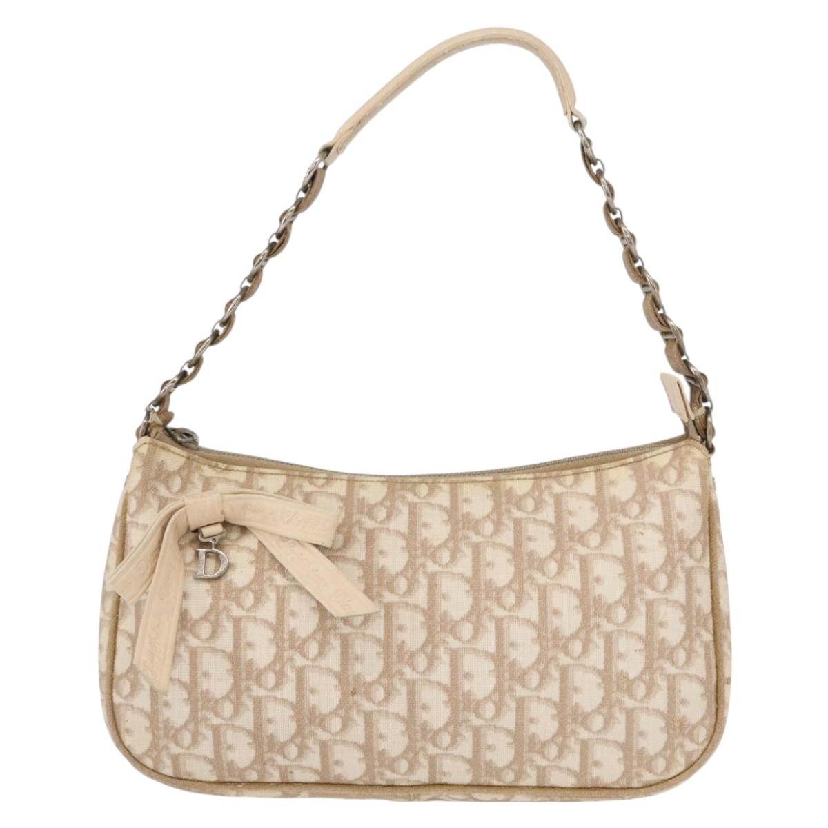 Christian Dior Trotter Canvas Romantic Chain Bag PVC Beige Silver Auth 156005