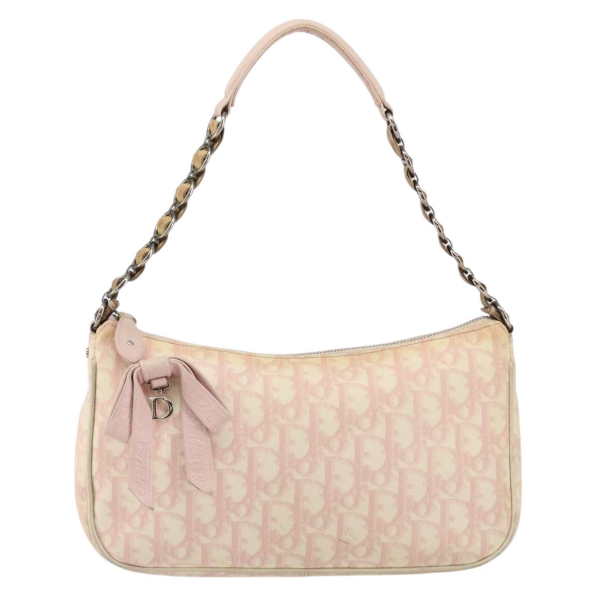 Christian Dior Trotter Canvas Romantic Chain Bag PVC Pink Silver Auth 156006