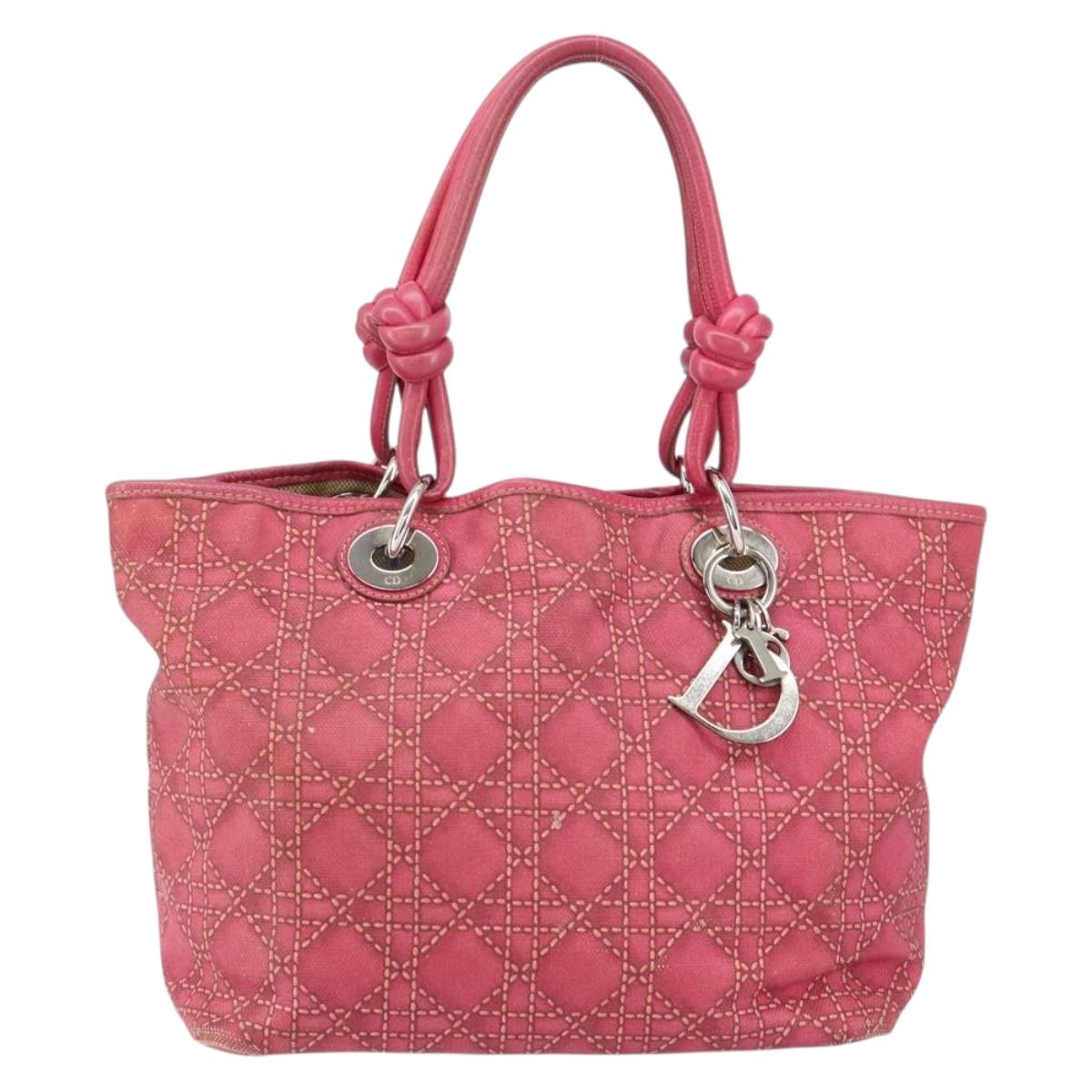 Christian Dior Canage Hand Bag Coated Canvas Pink Silver Auth 156007