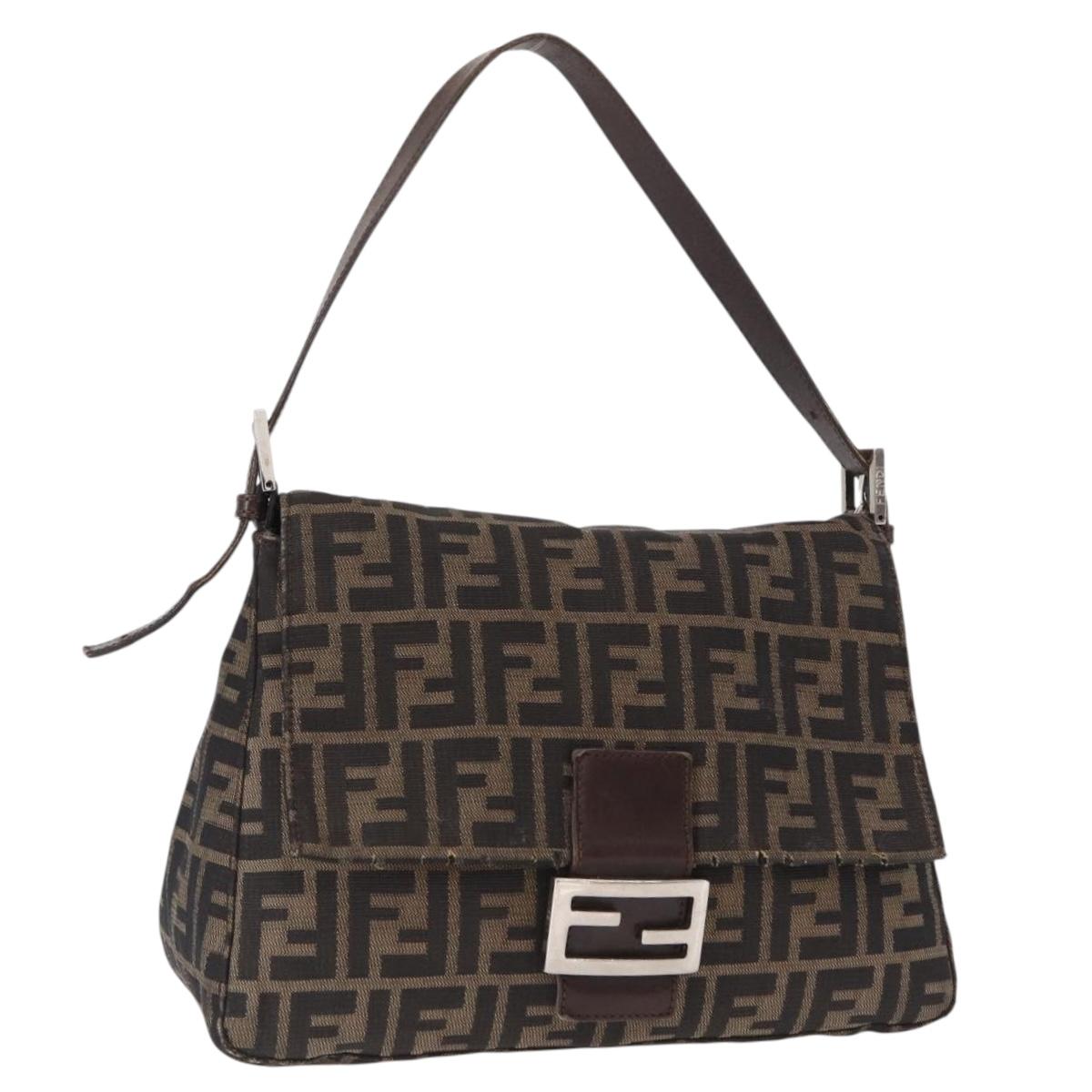 FENDI Zucca Canvas Mamma Baguette Shoulder Bag Black Brown Auth 156010