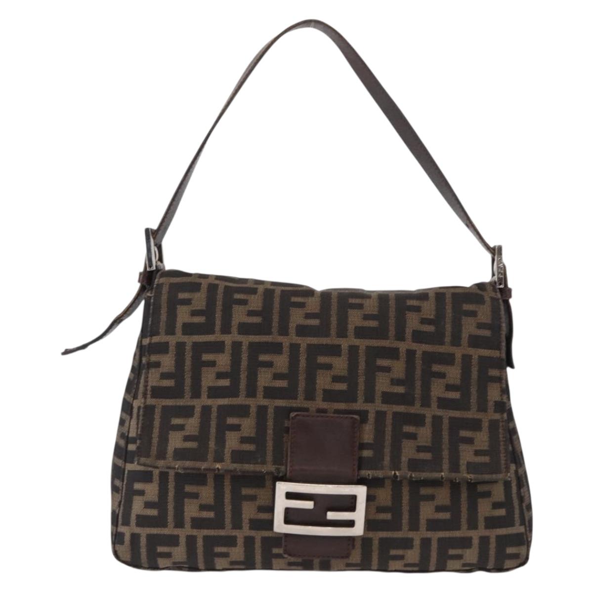 FENDI Zucca Canvas Mamma Baguette Shoulder Bag Black Brown Auth 156010
