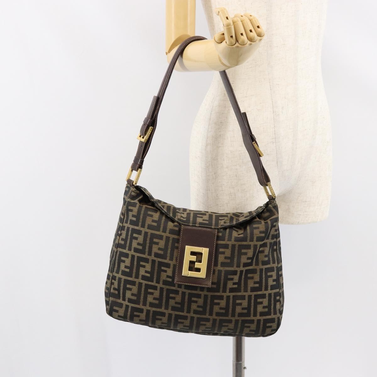 FENDI Zucca Canvas Shoulder Bag Black Brown Auth 156011