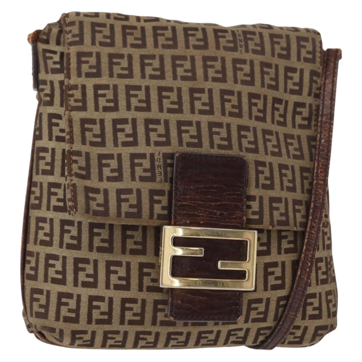 FENDI Zucchino Canvas Mamma Baguette Shoulder Bag Beige Gold Auth 156013