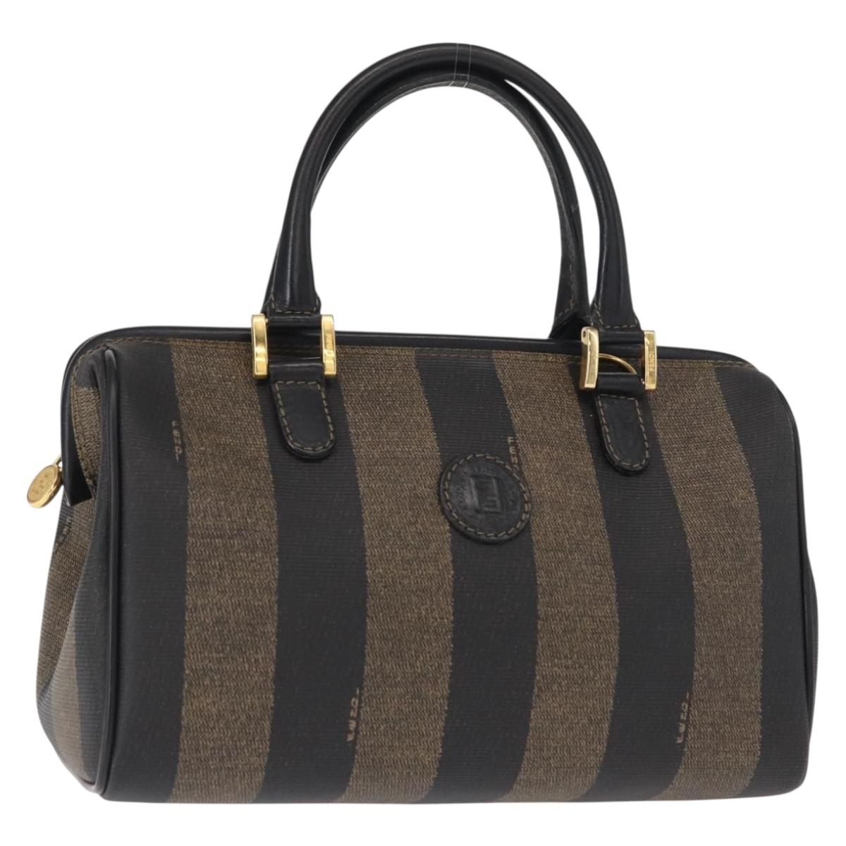 FENDI Pecan Canvas Boston Bag Black Brown gold Auth 156014