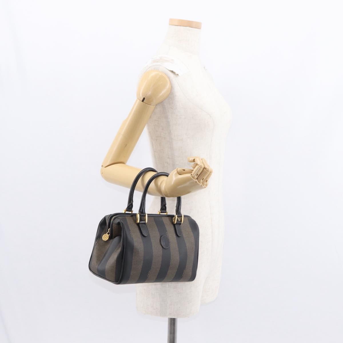 FENDI Pecan Canvas Boston Bag Black Brown gold Auth 156014