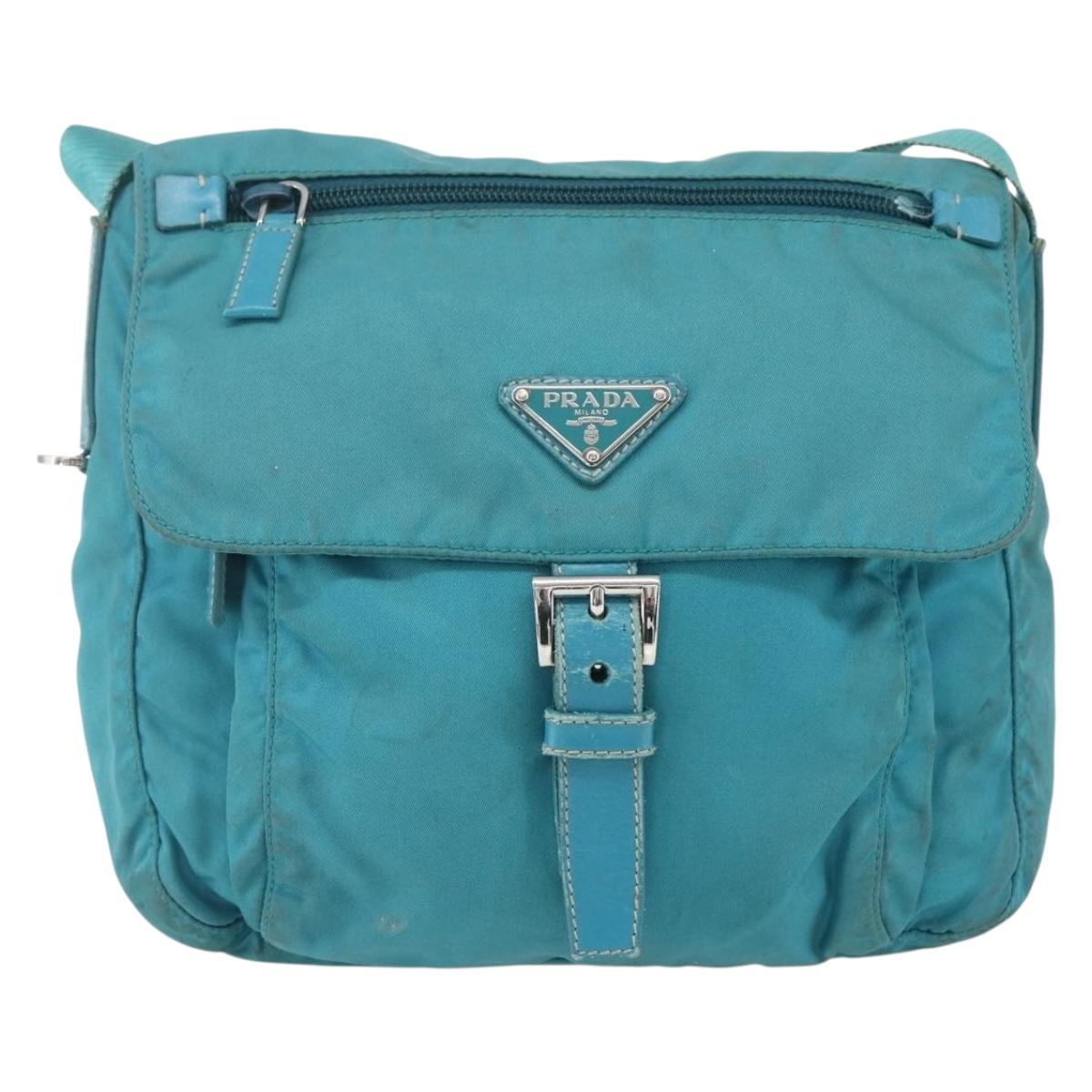 PRADA Shoulder Bag Nylon Turquoise Blue Silver Auth 156016