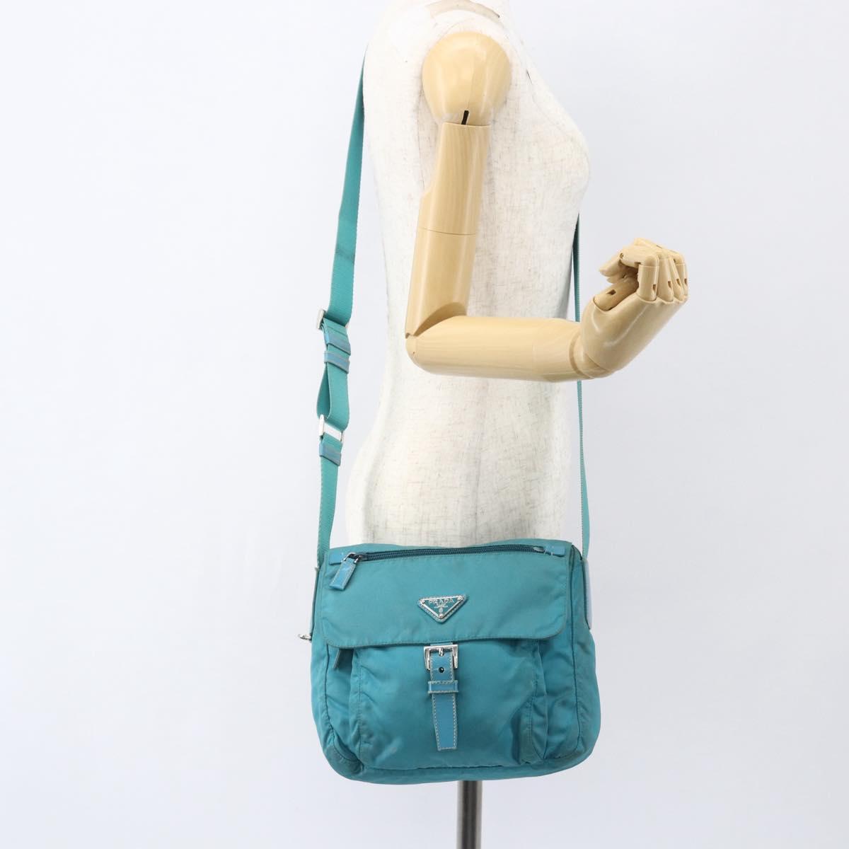 PRADA Shoulder Bag Nylon Turquoise Blue Silver Auth 156016
