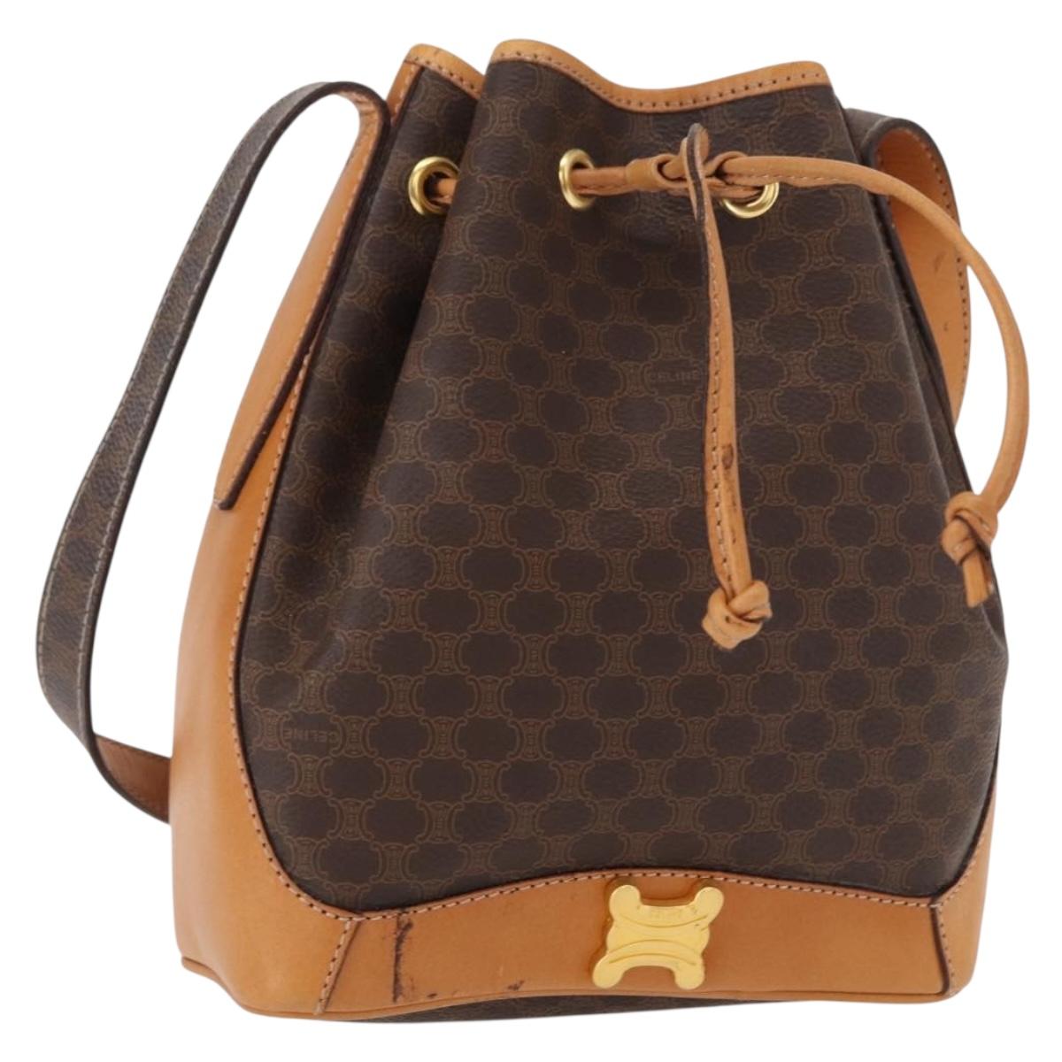 CELINE Macadam Canvas Shoulder Bag PVC Leather Brown Gold Auth 156021