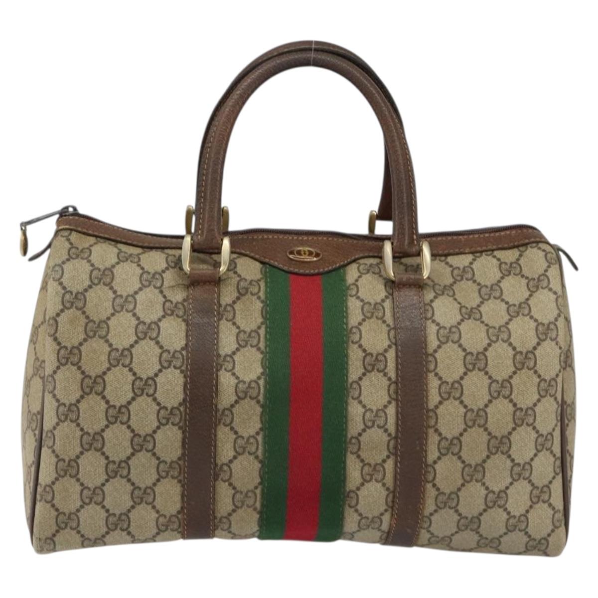 GUCCI GG Supreme Web Sherry Line Boston Bag PVC Beige Gold Auth 156030
