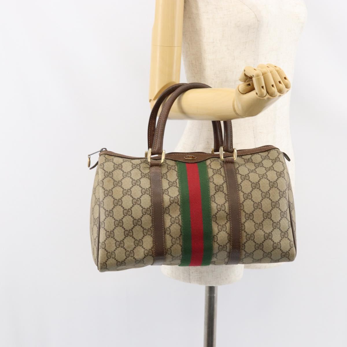 GUCCI GG Supreme Web Sherry Line Boston Bag PVC Beige Gold Auth 156030