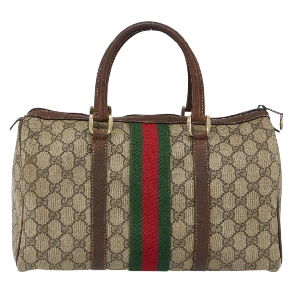 GUCCI GG Supreme Web Sherry Line Boston Bag PVC Beige Gold Auth 156030