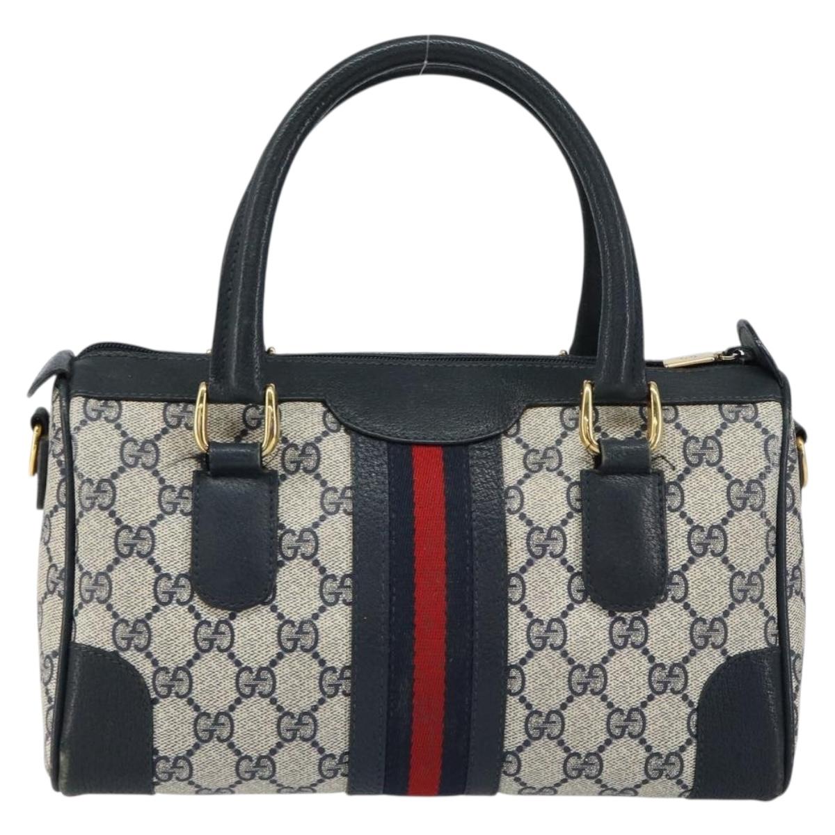 GUCCI GG Supreme Sherry Line Boston Bag PVC Navy Gold 002 39 0069 Auth 156034