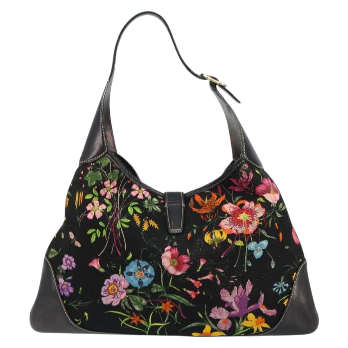 GUCCI Flora Shoulder Bag Canvas Black Gold 153029 Auth 156047