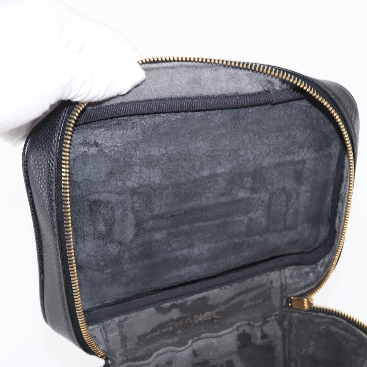 CHANEL COCO Mark Vanity Hand Bag Caviar Skin Black Gold CC Auth 156049