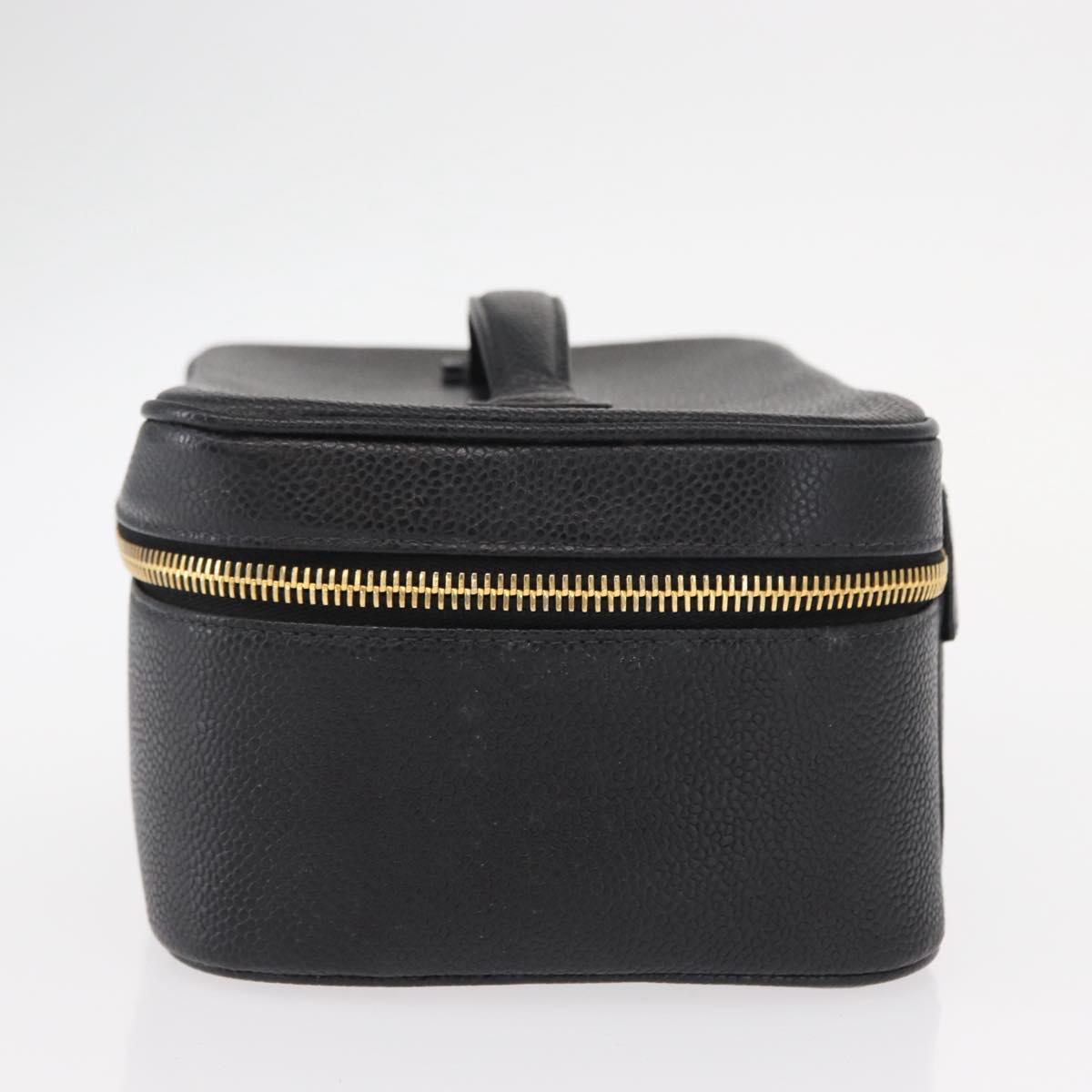 CHANEL COCO Mark Vanity Hand Bag Caviar Skin Black Gold CC Auth 156049